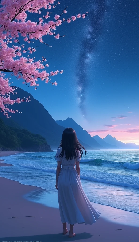 BREAK (masterpiece:1.2), best quality, high resolution, unity 8k wallpaper, (illustration:0.8), (beautiful detailed eyes:1.6), extremely detailed, perfect lighting, extremely detailed CG, Beach, mountains, Sakuras, sea, shining stars,, night, 