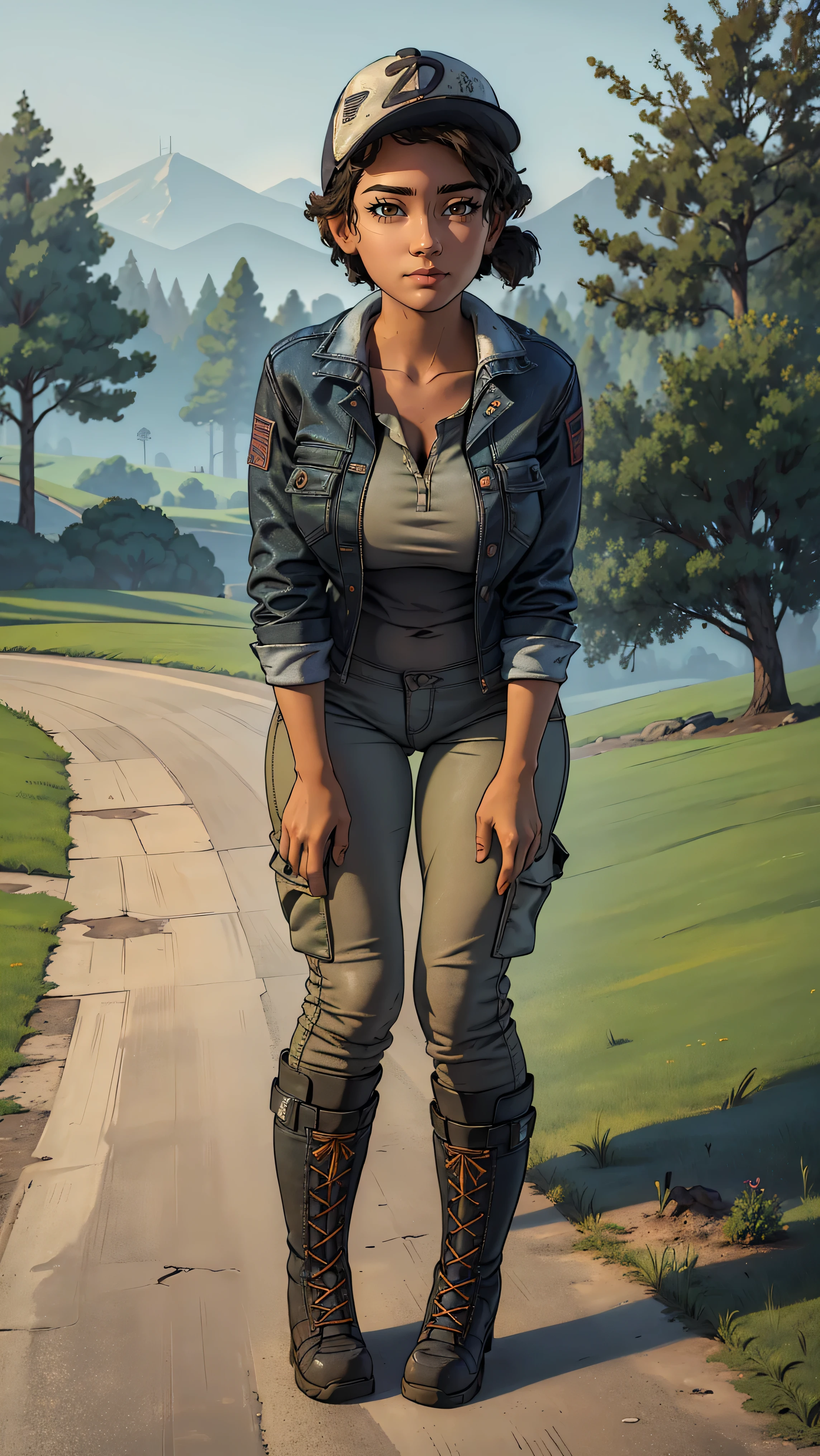 ((masterpiece, best quality)),(complex lighting) ,solo,(((1girl))) ,clementine, light skin,light-skinned female, baseball cap, green cargo pants, brown eyes, tight pants, combat boots, shirt, short hair, one short ponytail, open denim jacket, huge butt, thicc butt , (((8k))), (((full body))), (((bent over))), (((looking at the viewer))), (((view from in front of her))), big breasts
