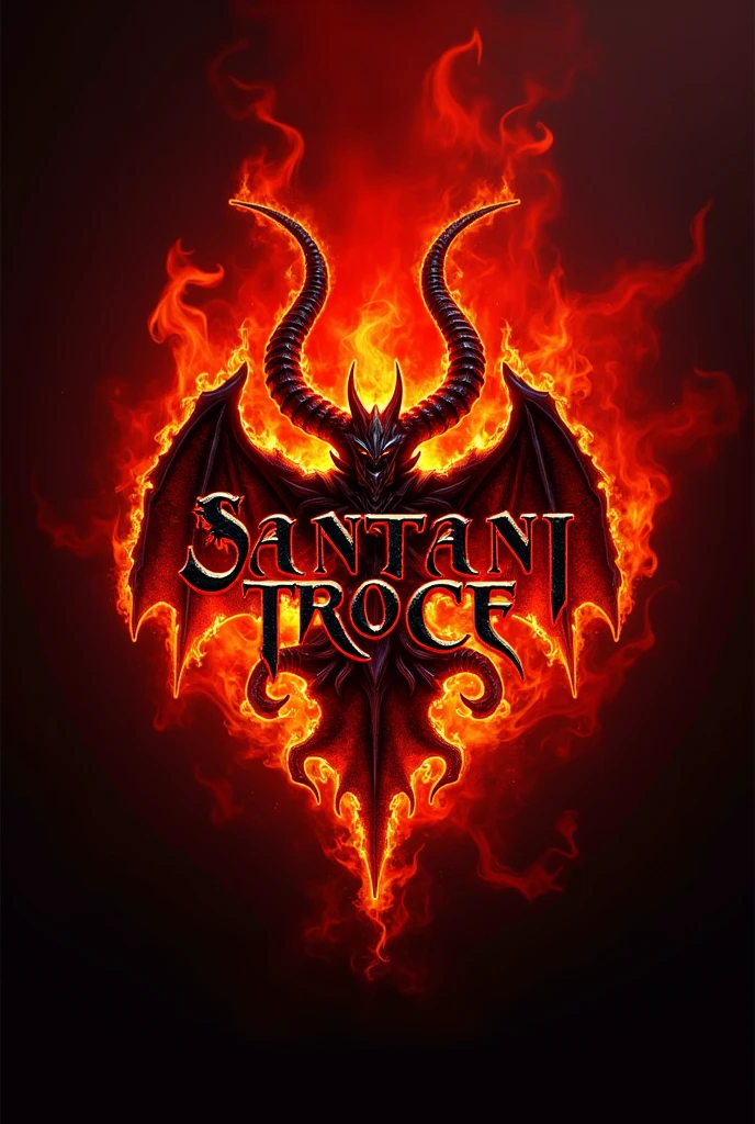 logo that says Santani Troce, with red background Demonic fire 

