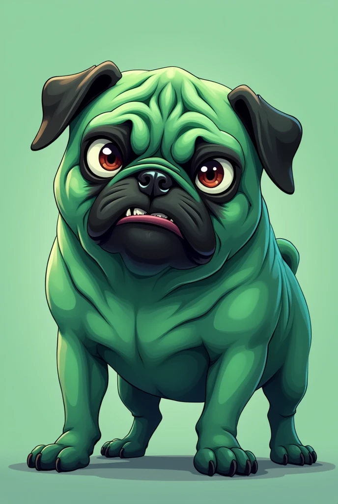 Make a pug dog, green in color with an angry face