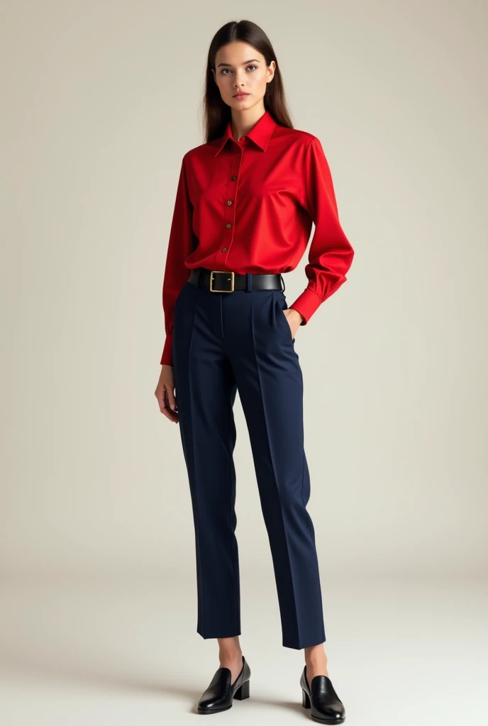 woman in red long sleeve dress shirt, short sleeve, navy blue pants, black belt and black shoes, Whole body