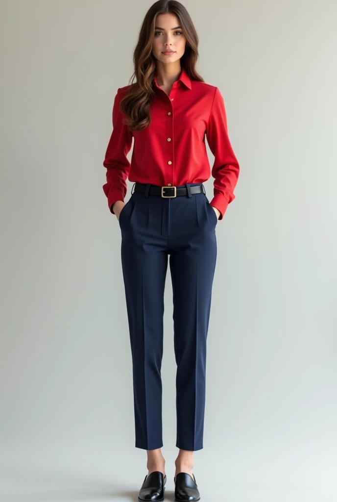 woman in red long sleeve dress shirt, short sleeve, navy blue pants, black belt and black shoes, Whole body