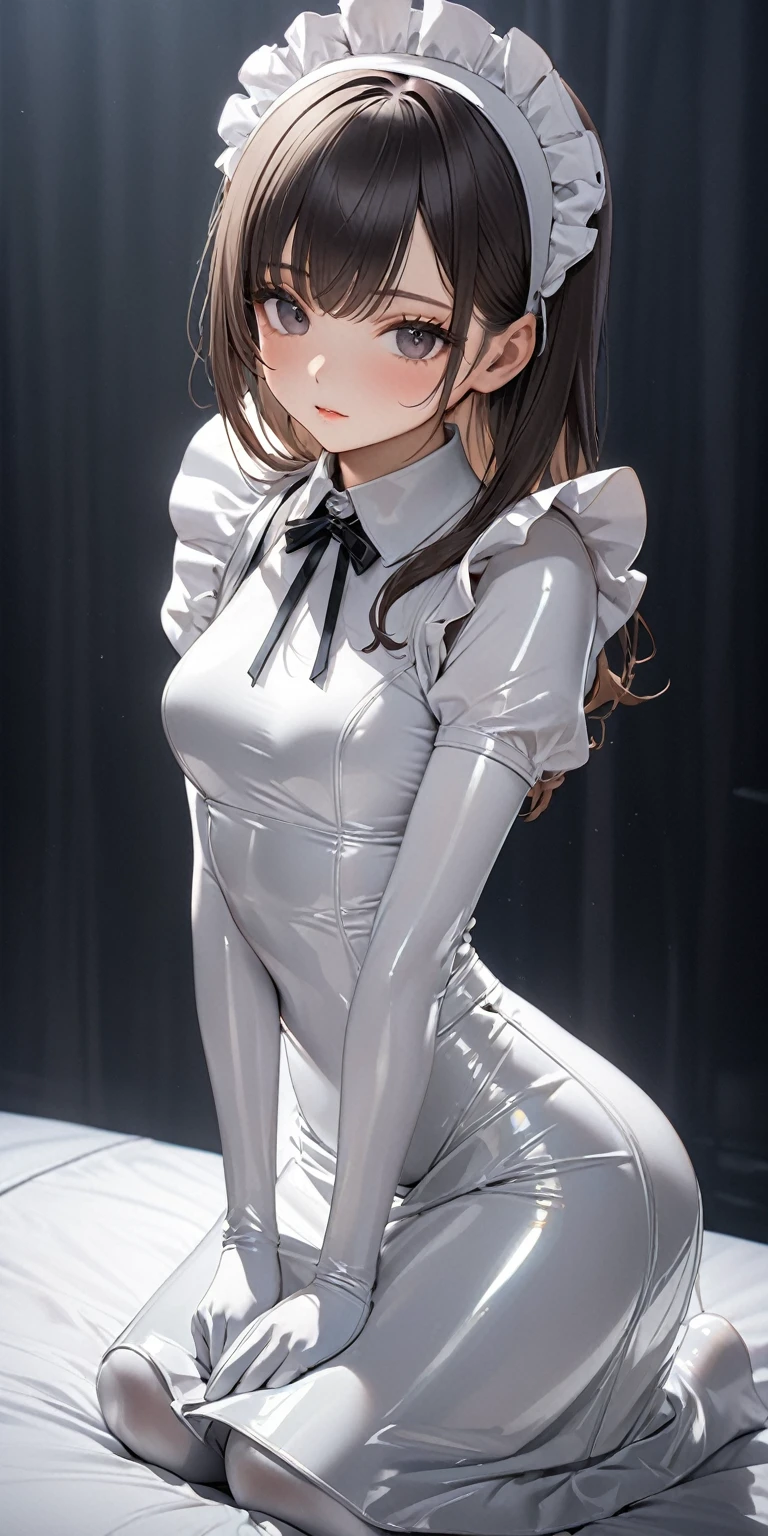Full-body photo、Front facing pose、(masterpiece,Highest quality,Ultra-high resolution),Japanese women, Maid Headband、(((A very beautiful 25 year old))),(White latex maid outfit)、(((White latex long skirt)))、White latex long gloves、White latex tights、Latex is very shiny、Tight white latex bodysuit、Dark room at night、Sitting on the bed