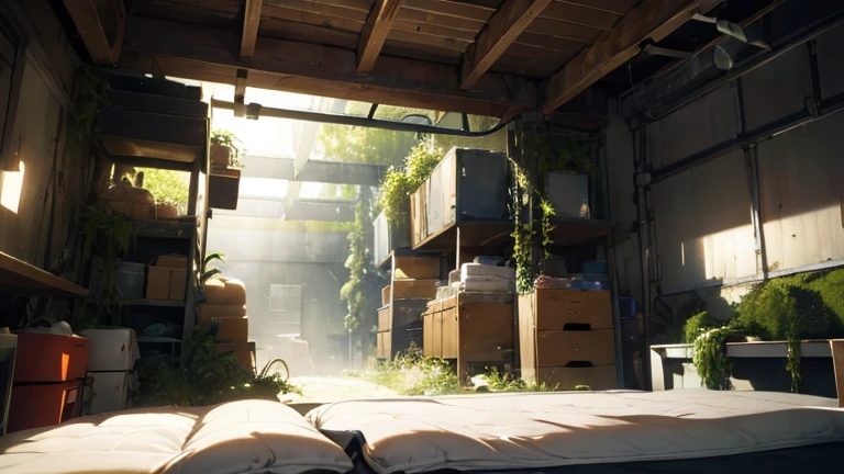 "3D level design of a sci-fi indoor scenario for a science fiction game where the protagonist battles monsters to level up. The scene features a blend of mythological elements, moss, plants, and advanced technology spread throughout a closed environment, creating an immersive atmosphere for a game menu."
