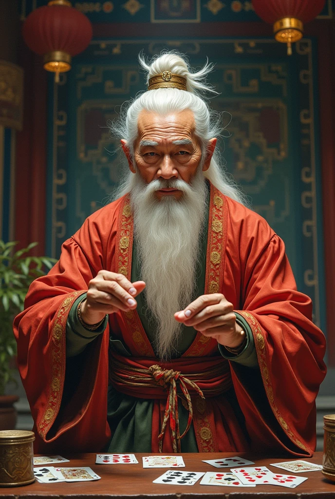 ((best qualityer)), ((work of art)), (detailded), 1 old Chinese magician, doing magic tricks using playing cards 