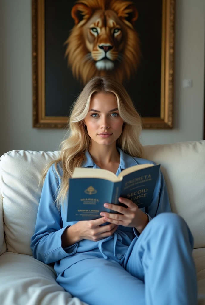 Create a realistic image of a 20 year old woman, Long blond hair, Blue eyes, cheekbones, ((whole body)), Lying on a white fabric sofa, dressed in blue pajamas, Read a book title: ( Second chance), author: (Gariel Alexander), background image: a painting of a lion, head to toe, full body, hyper realistic photo