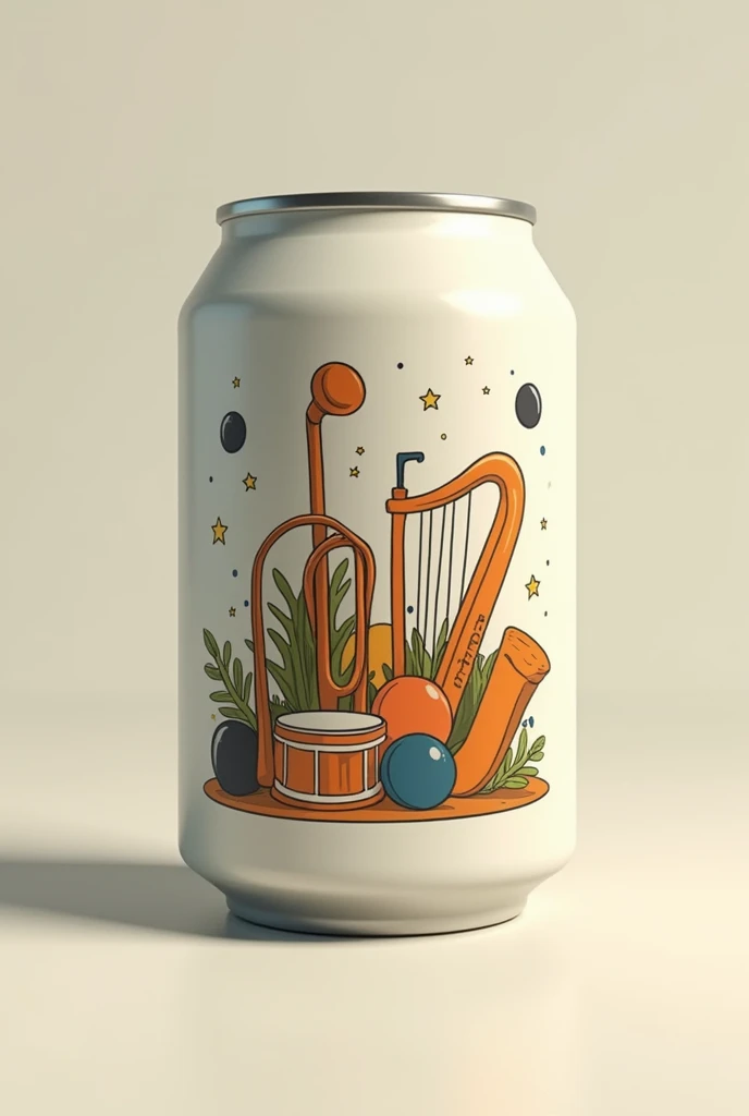 An image of a can with a logo, which pleases percussion instruments such as: a bugle, a snare drum, a tenor, a lyre and a camera in the logo, without people, no faces and it is a simple animated style