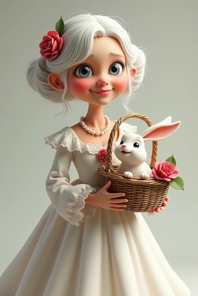 Very old woman hat white woman blue hair
With a very smiling and happy lip
With an old basket with a white rabbit in it
With a white princess dress and
A pearl necklace with a red rose
Style 3D