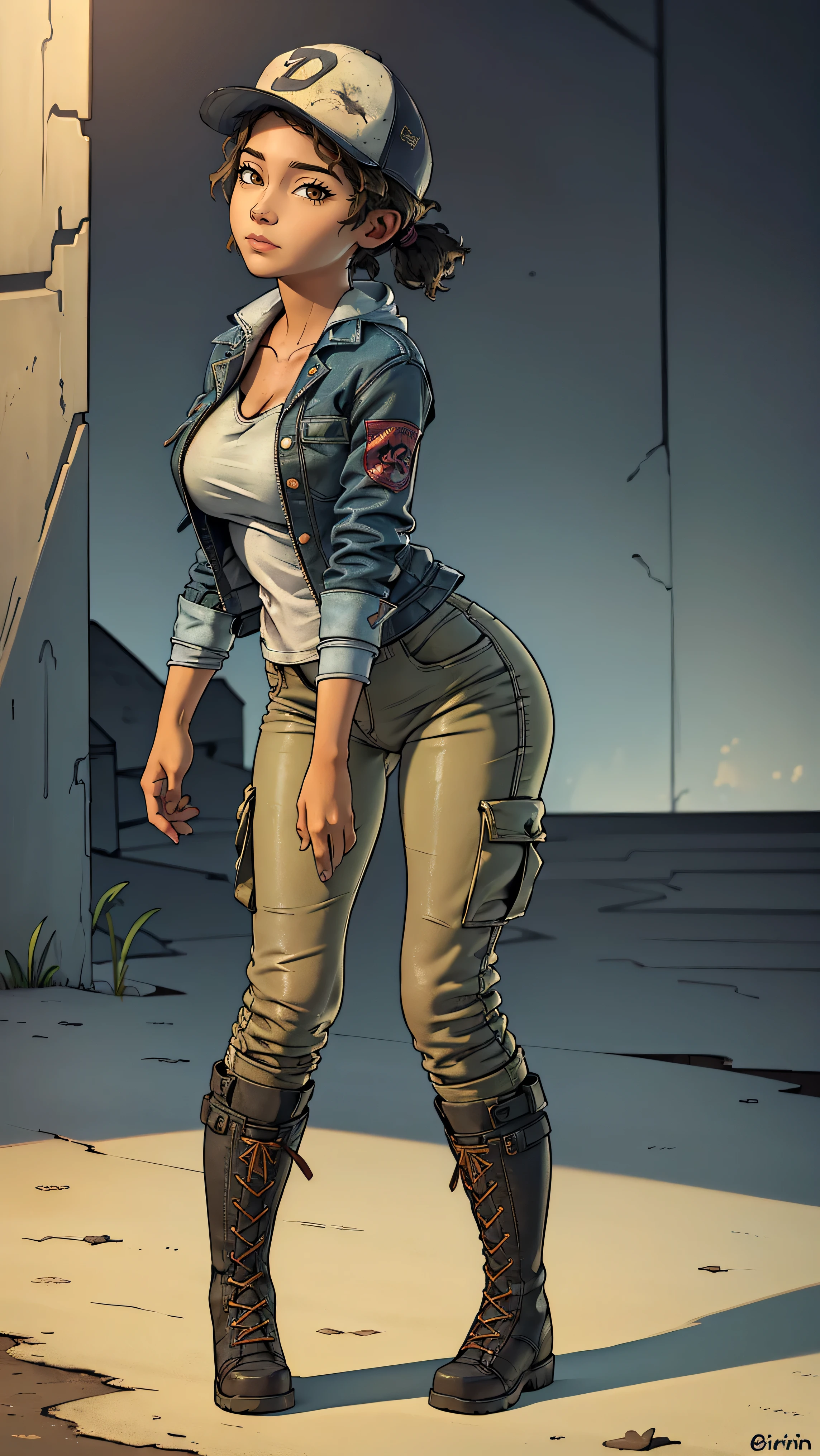 ((masterpiece, best quality)),(complex lighting) ,solo,(((1girl))) ,clementine, light skin,light-skinned female, baseball cap, green cargo pants, brown eyes, tight pants, combat boots, shirt, short hair, one short ponytail, open denim jacket, huge butt, thicc butt , (((8k))), (((full body))), (((bent over))), (((looking at the viewer))), (((view from in front of her))), big breasts