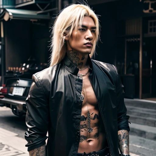 1 man, Japanese man, male, Asian eyes, muscular, broad shoulders, yakuza tattoos, hairstyle Visual Kei style, hair Visual Kei, black men's shirt and black pants, ultra detailed face, hyperrealistic, realistic representation, long hair, long hair, 30 years old, age 30 years, blonde hair, full body view 