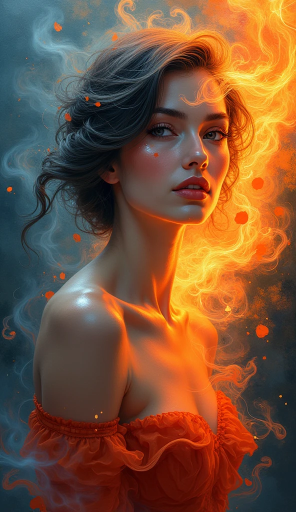 High-quality realistic acrylic art, vivid colors, (best quality, 4K, 8K, high-resolution, masterpiece), ultra-detailed, photorealistic,A bewitching beauty with eyes that sparkle with magic, surrounded by swirling wisps of smoke and flame. Inspired by Art Deco, her form is sleek and stylized, with flowing lines and geometric patterns that capture the glamour of the Roaring Twenties.