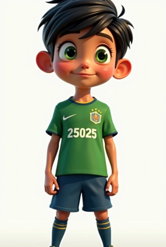 a character in standing pose, hyper-realistic, 1 young boy, beautiful detailed eyes, beautiful detailed lips, extremely detailed face, long eyelashes, black hair, green t-shirt with the name MANINHO and below the name MANINHO the number 25025 printed, blue pants, knee-high socks, soccer player style, intricate details, volumetric lighting, dramatic chiaroscuro, cinematic lighting, award-winning digital art, masterpiece, high quality, 8k, photorealistic, studio lighting, physically based rendering, vibrant colors, warm color palette, pixar style, disney. white background