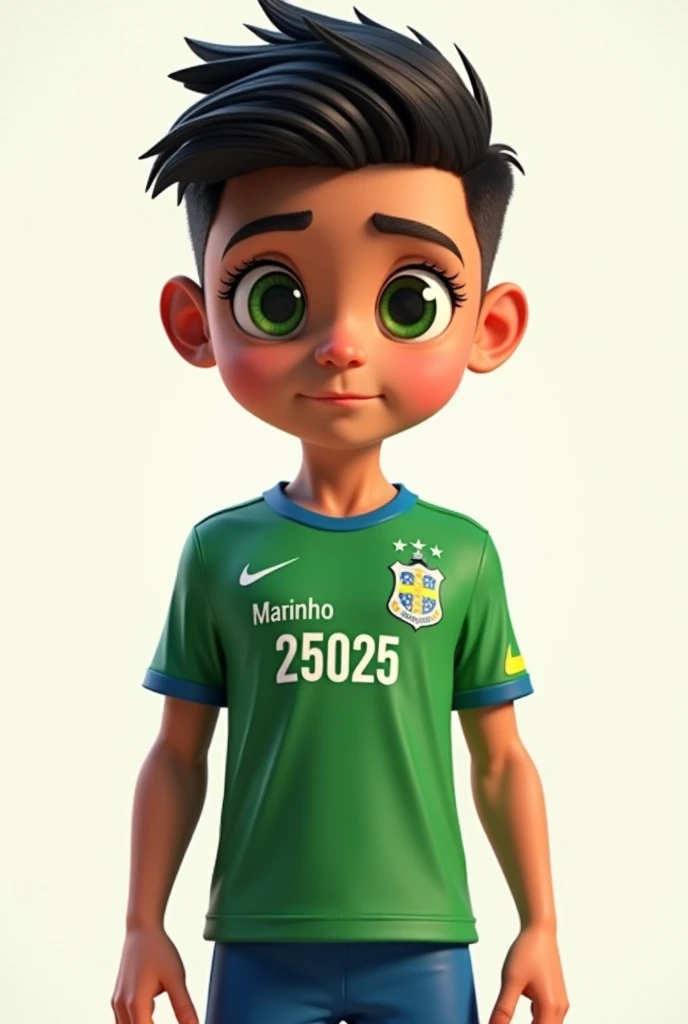a character in standing pose, hyper-realistic, 1 young boy, beautiful detailed eyes, beautiful detailed lips, extremely detailed face, long eyelashes, black hair, green t-shirt with the name MANINHO and below the name MANINHO the number 25025 printed, blue pants, knee-high socks, soccer player style, intricate details, volumetric lighting, dramatic chiaroscuro, cinematic lighting, award-winning digital art, masterpiece, high quality, 8k, photorealistic, studio lighting, physically based rendering, vibrant colors, warm color palette, pixar style, disney. white background