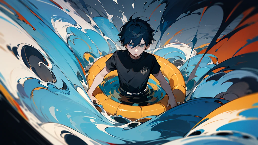 A age boy, around , with a slender build, trapped in a whirlpool of dark, swirling colors. The previously vibrant scene has become nightmarish and distorted, conveying Adam's growing fear and panic.