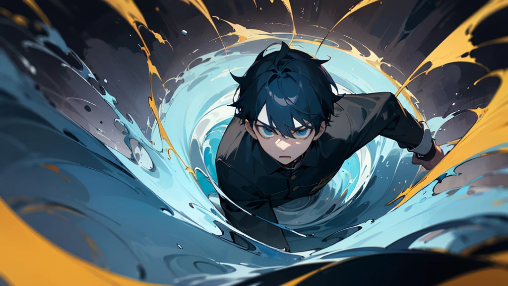 A age boy, around , with a slender build, trapped in a whirlpool of dark, swirling colors. The previously vibrant scene has become nightmarish and distorted, conveying Adam's growing fear and panic.