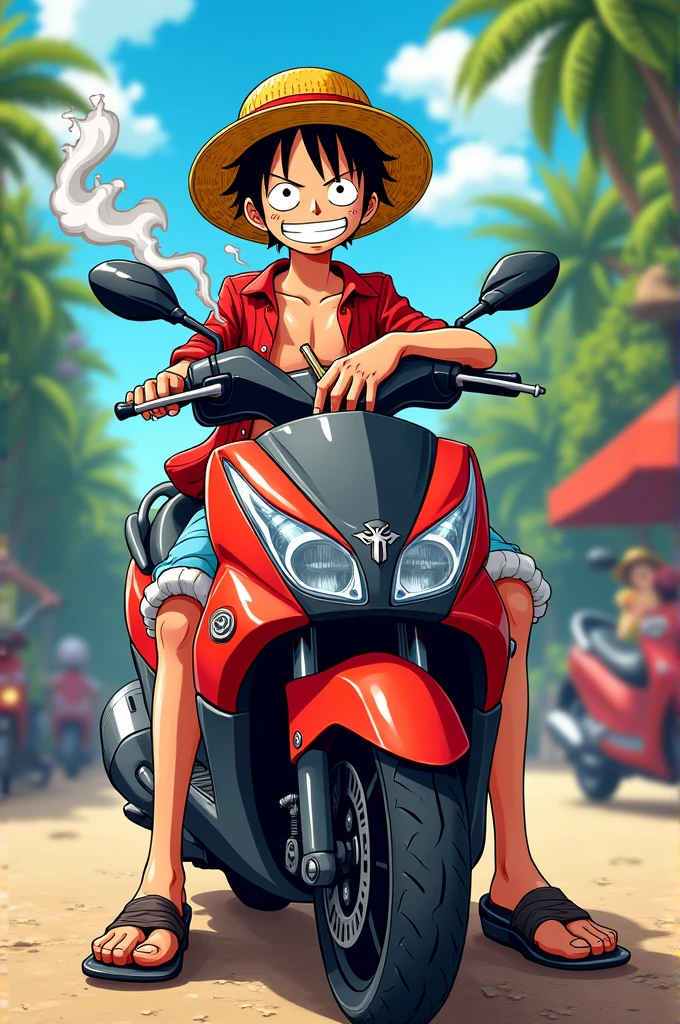 luffy de one piece sur un tmax entrain de fumer un joint en cartoon