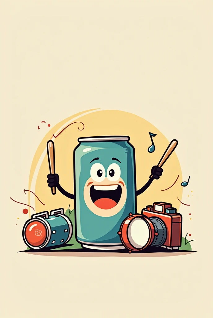 An image of a can with a logo, that pleases percussion instruments and a camera , without people, no faces and it is a simple animated style