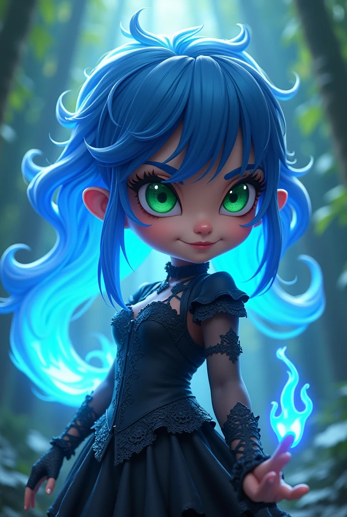 brawl stars, female character, younger, cute, phosphorescent blue fire type hair, gothic black clothing, green eyes, , Moana style, 5 year old appearance