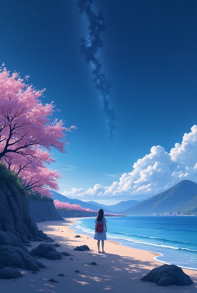 BREAK (masterpiece:1.2), best quality, high resolution, unity 8k wallpaper, (illustration:0.8), (beautiful detailed eyes:1.6), extremely detailed, perfect lighting, extremely detailed CG, Beach, mountains, Sakuras, sea, shining stars, solo, scene , night,