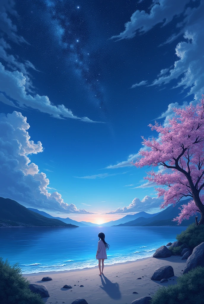 BREAK (masterpiece:1.2), best quality, high resolution, unity 8k wallpaper, (illustration:0.8), (beautiful detailed eyes:1.6), extremely detailed, perfect lighting, extremely detailed CG, Beach, mountains, Sakuras, sea, shining stars, solo, scene , night,