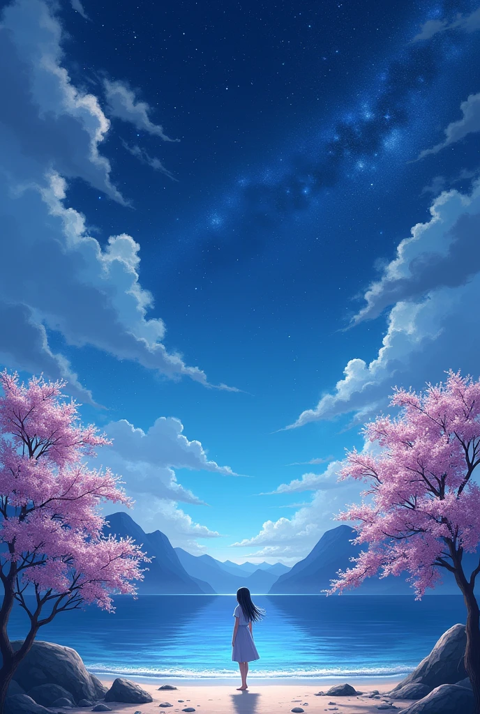 BREAK (masterpiece:1.2), best quality, high resolution, unity 8k wallpaper, (illustration:0.8), (beautiful detailed eyes:1.6), extremely detailed, perfect lighting, extremely detailed CG, Beach, mountains, Sakuras, sea, shining stars, solo, scene , night, 
