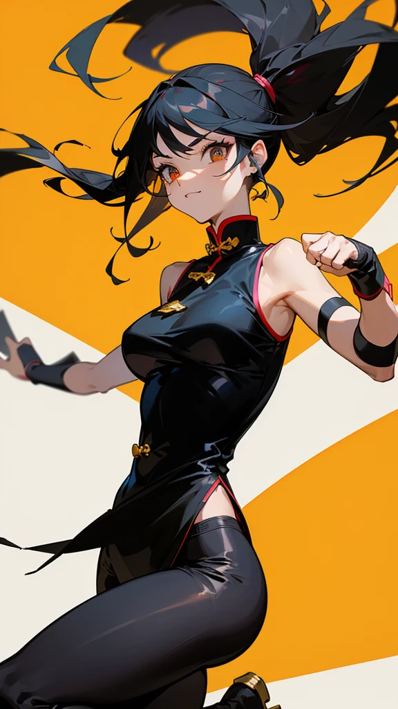 	•	Head:
	•	The character has long, black hair styled in two high pigtails, with pink ribbons tying each one.
	•	A youthful, friendly face with large, expressive eyes and a confident smile.
	•	The character’s facial features are soft and rounded, giving her a youthful and approachable appearance.
	•	No visible makeup, emphasizing a natural look.
	•	Upper Body:
	•	The character is wearing a sleeveless, bright orange Chinese-style qipao with black and gold trim.
	•	The qipao has a high collar and is decorated with black buttons and details along the edges.
	•	The garment is split at the sides, revealing a black underlayer that flows out like a skirt.
	•	Black fur details are present on the shoulders, adding a touch of elegance and fierceness to the outfit.
	•	The character’s arms are bare, showcasing a fit and toned physique.
	•	Black and gold wristbands are worn on both wrists, matching the outfit’s color scheme.
	•	Lower Body:
	•	The character is wearing tight, black leggings that emphasize her slender and athletic legs.
	•	Gold and black knee guards on one leg add a slight armored touch, contrasting with the rest of the outfit.
	•	The leggings have a shiny, almost leather-like texture that complements the overall sleek appearance.
	•	Feet:
	•	The character is wearing bright yellow, flat shoes with black accents that match the overall outfit.
	•	The shoes are simple but practical, suggesting they are designed for movement and agility.
	•	Pose:
	•	The character is posed in a dynamic, mid-action stance, with one leg lifted as if ready to kick or jump.
	•	One arm is extended outward with an open hand, while the other is bent closer to the body in a defensive posture.
	•	The stance is confident and lively, indicating readiness for action or combat.

solo, Simple Background, One person, Large Breasts, 