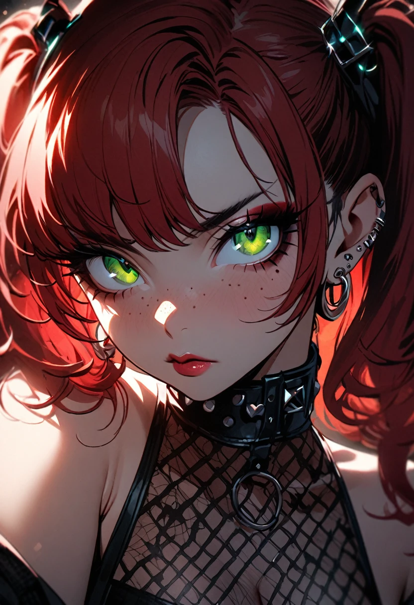 woman, curly red hair in pig tails, green eyes, eye shadow, long black jacket, red plaid skirt, black finger-less gloves, exposed shoulders, large breasts, freckles, cleavage, fishnet undershirt, looking at viewer, Holo-Punk Style, goth, earrings, eyelashes, jewelry, lips, makeup, solo, tattoo, punk aesthetic, cinematic lighting, masterpiece, best quality, face close up