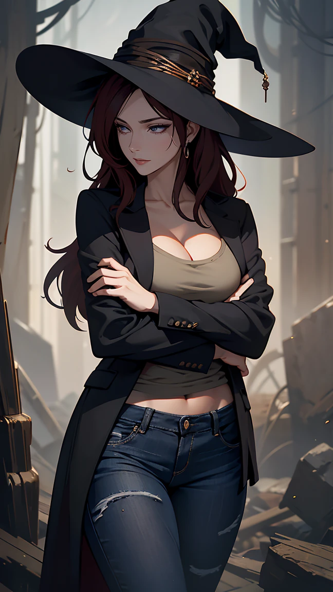 The modern witch you're describing has a commanding presence, with dark red, curly hair cascading down to her shoulder blades, adding a touch of wildness to her otherwise composed demeanor. Her black eyes are deep and enigmatic, holding secrets that only a true practitioner of the arcane could possess.
She wears a well-fitted jacket, the material sturdy and worn from countless ventures into the unknown. Beneath it, a striped t-shirt peeks out, the lines seemingly ordinary but hinting at her duality—modern and timeless, mundane and magical. Her jeans are practical yet stylish, slightly faded from use, and they hug her form comfortably, allowing her the freedom to move swiftly when needed. This witch is both rooted in the present and steeped in ancient wisdom, a blend of contemporary fashion and old-world mystique.