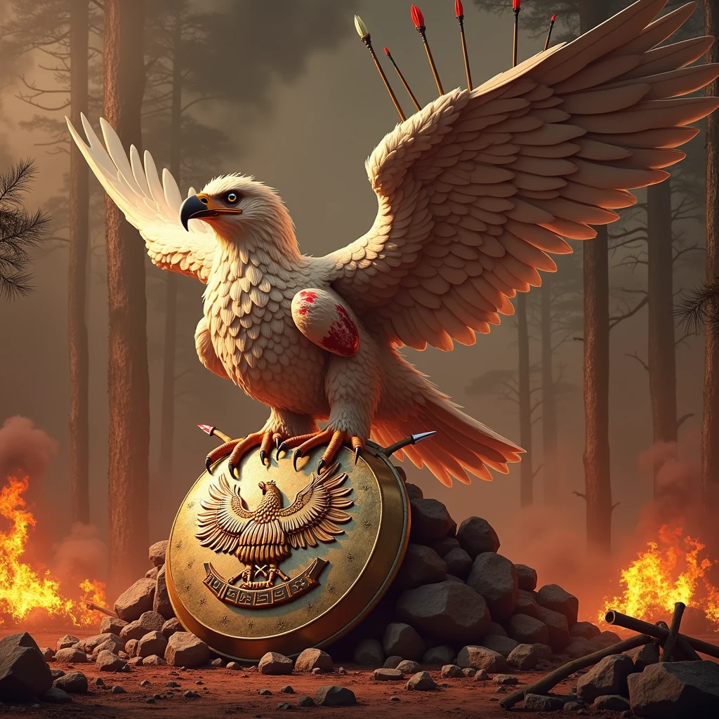 A realistic and dramatic scene of a Garuda perched on a shield embedded in the ground. The shield features the Garuda Pancasila emblem prominently in the center. The Garuda is wounded, with blood visible and arrows piercing its wings. The background is a burning forest with thick smoke filling the air, creating an intense and somber atmosphere
