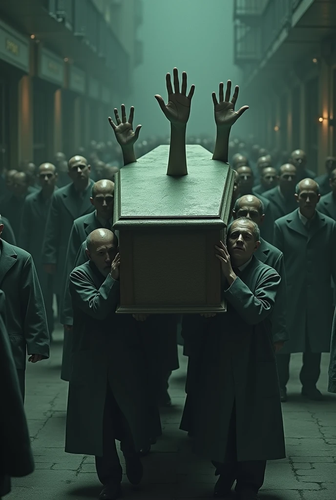 
Many doctors walk with a coffin and two hands hanging out of the coffin





