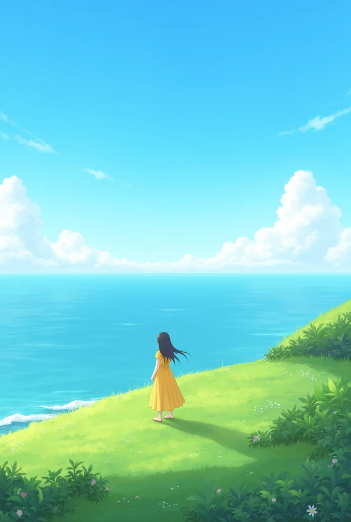 Create an image of a tranquil coastal scene during a clear day. In the foreground, a figure wearing a yellow dress stands on a grassy hill, facing away and looking out at the expansive ocean. The sky is vast, bright blue, and filled with soft, scattered clouds. The distant horizon line is where the ocean meets the sky, with subtle waves visible on the water. The surrounding landscape is lush and green, with a variety of small plants and wildflowers. The overall mood is peaceful, evoking a sense of calm and contemplation.