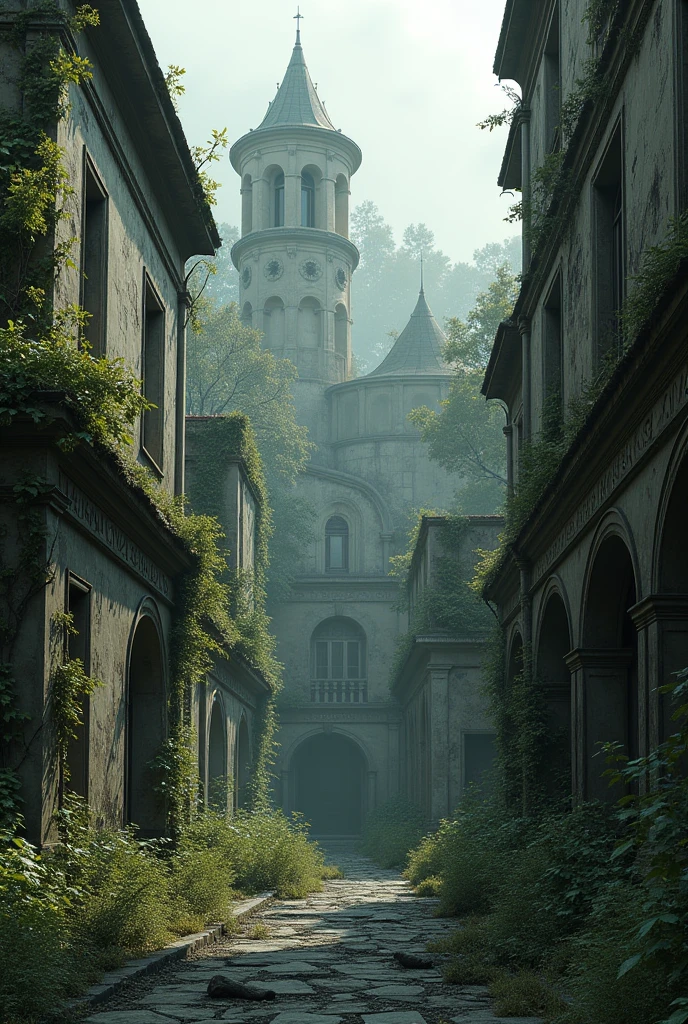a surreal abandoned city, crumbling and decaying buildings, plants and nature taking over, dystopian apocalyptic landscape, highly detailed, cinematic lighting, moody color palette, dramatic shadows, intricate architecture, overgrown ruins, dilapidated and broken structures, sense of desolation and decay, photorealistic, 8k, masterpiece