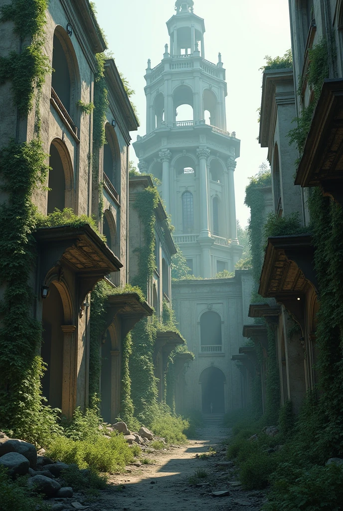 a surreal abandoned city, crumbling and decaying buildings, plants and nature taking over, dystopian apocalyptic landscape, highly detailed, cinematic lighting, moody color palette, dramatic shadows, intricate architecture, overgrown ruins, dilapidated and broken structures, sense of desolation and decay, photorealistic, 8k, masterpiece