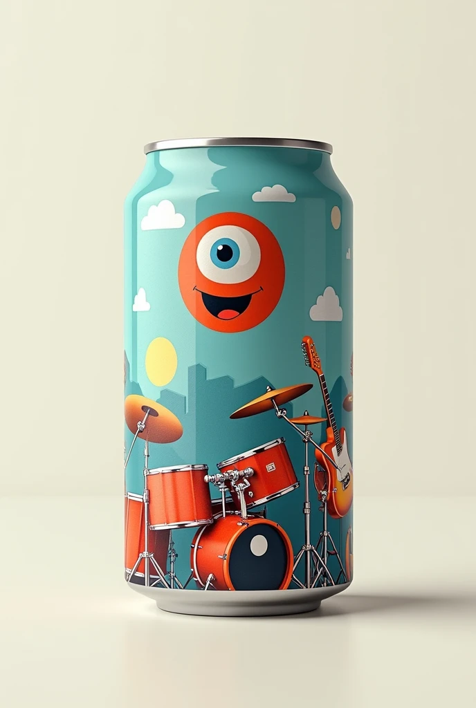 An image of a can with a logo, that pleases percussion instruments and a camera , without people, no faces and a simple style