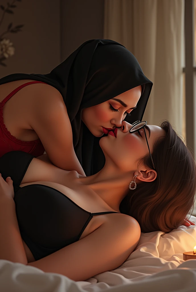 beautiful 35 yo indonesian hijab teacher wearing glass,black bra,medium breast,pale eyes,laying on the table,hug from.behind by a 20 yo woman medium tit,,short hair,wearing red lingerie,kissing,front view,,make out,women on top,lesbian sex,,lips on tit,far view