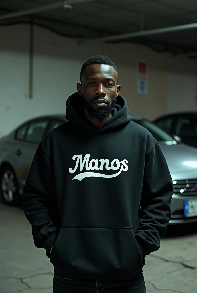Black man wearing a Manos brand sweatshirt in a parking lot next to a Volvo C30