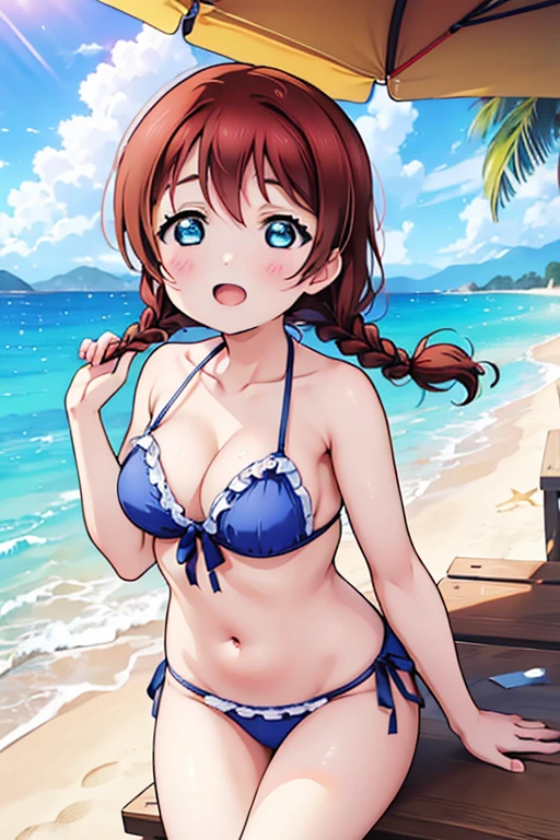 ((masterpiece、Highest quality))、Nijigasaki Gakuen、Reddish brown hair、Braided twin braids、Blue Eyes、Light green bikini、Big Breasts、Waistline、Beach、Love Live、カウボーイショット、Emma Verde、そばかす