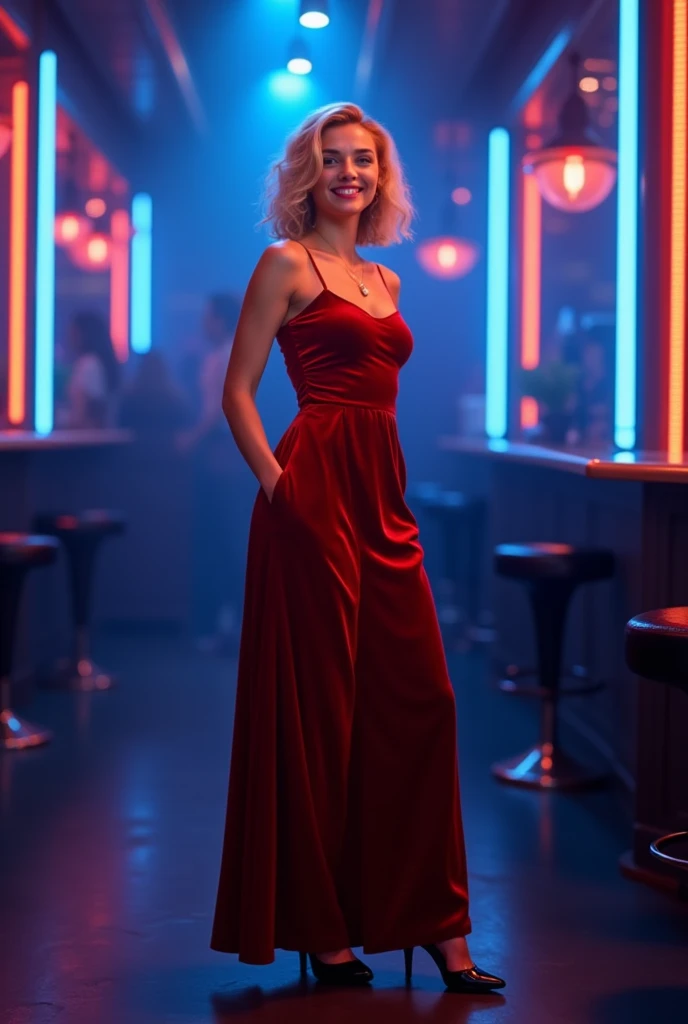Photorealistic, young blonde woman, no makeup, slightly curly long hair, brightly smiling, wearing full-length red velvet dress, wearing shiny black stilettos, posing inside of a dark 1980’s club, blue neon lighting behind