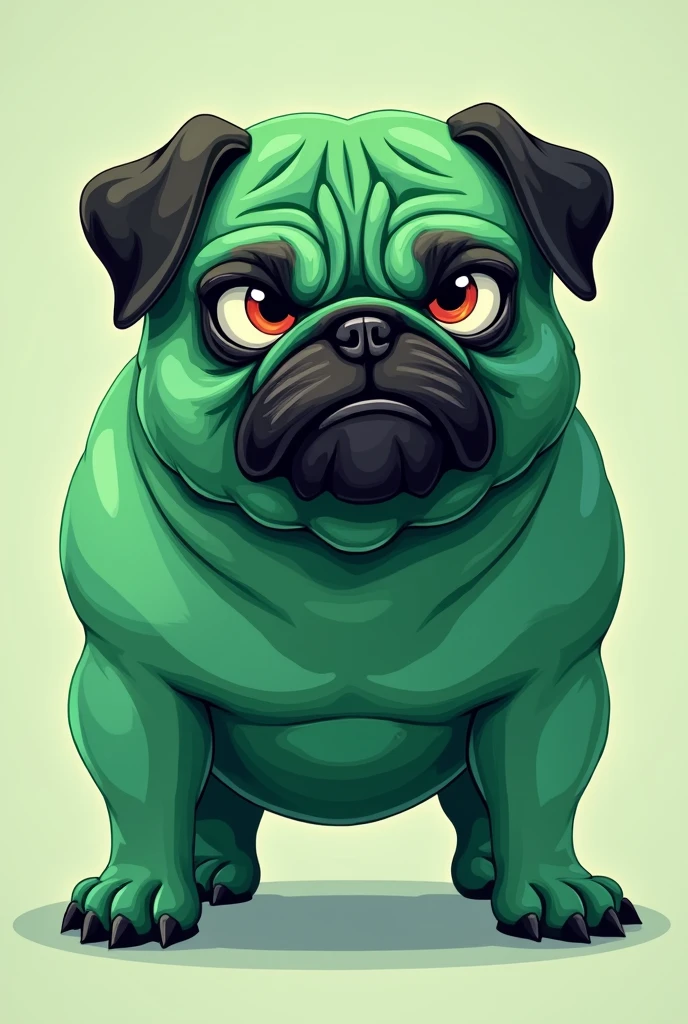 Make a pug dog, green in color with an angry face