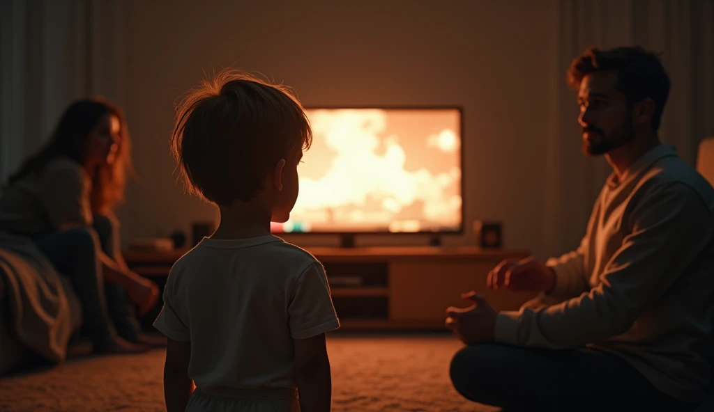 A child standing in front of a TV screen, watching a news report about global conflicts. The child's face shows confusion and fear, as the harsh glow of the screen bathes the room in an eerie light. In the background, their parents sit silently, deep in thought. {cinematic, eerie lighting, close-up shot, emotional focus, realistic textures, high detail} (landscape)