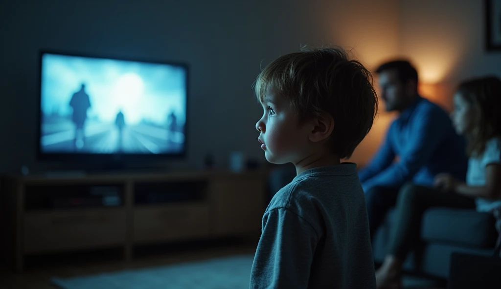 A standing in front of a TV screen, watching a news report about global conflicts. The childce shows confusion and fear, as the harsh glow of the screen bathes the room in an eerie light. In the background, their parents sit silently, deep in thought. {cinematic, eerie lighting, close-up shot, emotional focus, realistic textures, high detail} (landscape)