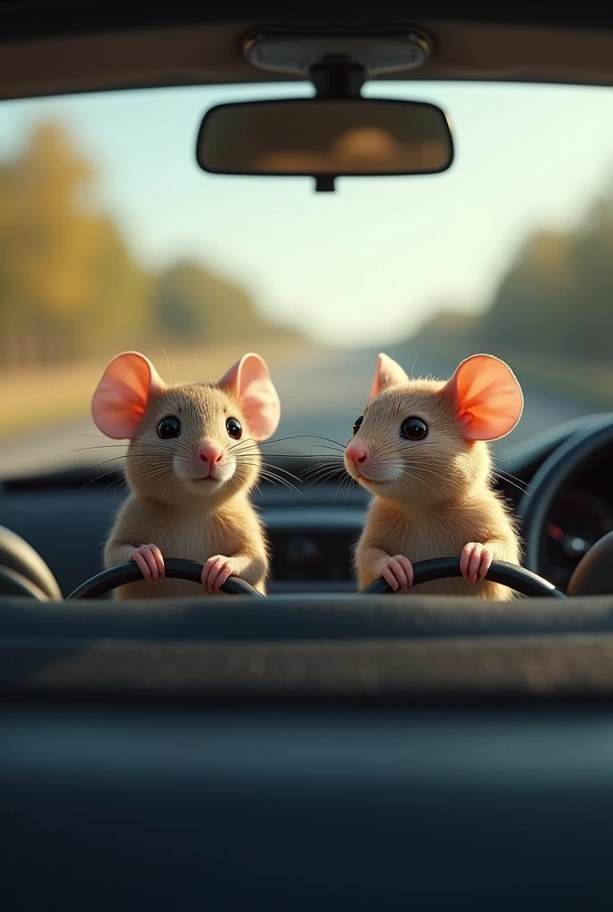 (photorealism:1.2), two mice, sitting in the driver seat and shotgun, driving a car, quietly driving