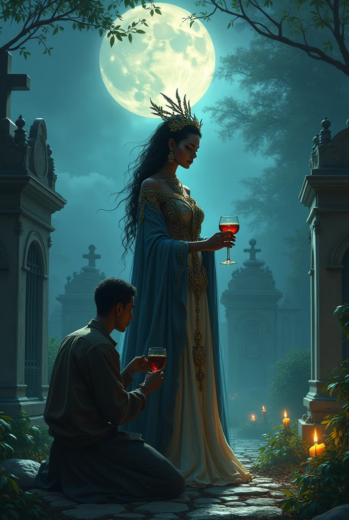 maria padilha das 7 encruzilhadas in a cemetery next to a medium drinking wines just under the moonlight