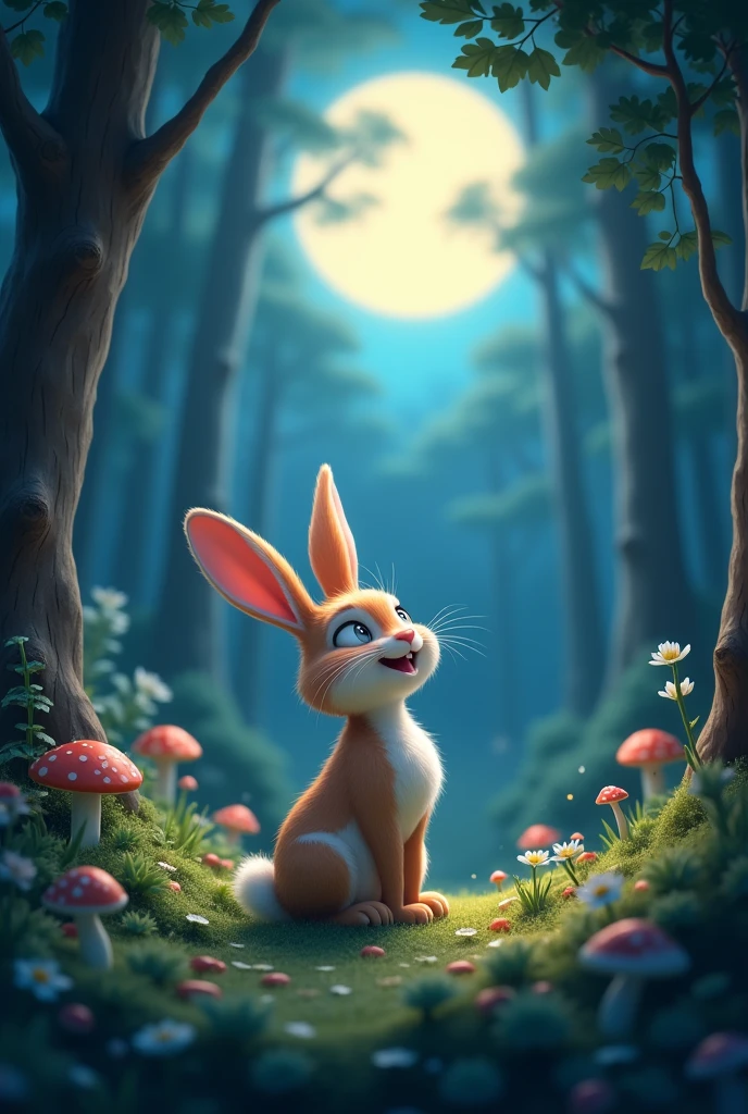 every night in the forest, A happy rabbit sits enjoying the moonlight, animated and coloring 