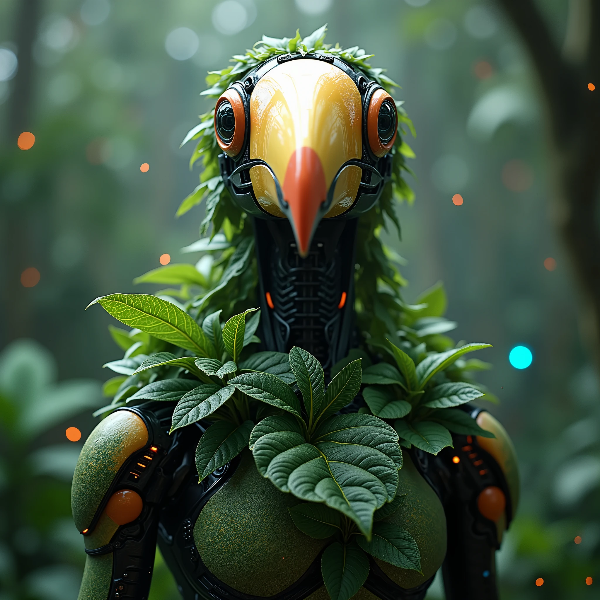 a humanoid artificial intelligence toucan facing the camera with its body made of tropical plants uniting digital and natural