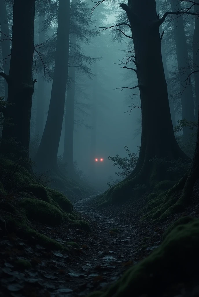 Dark and scary forest with red eyes in the background