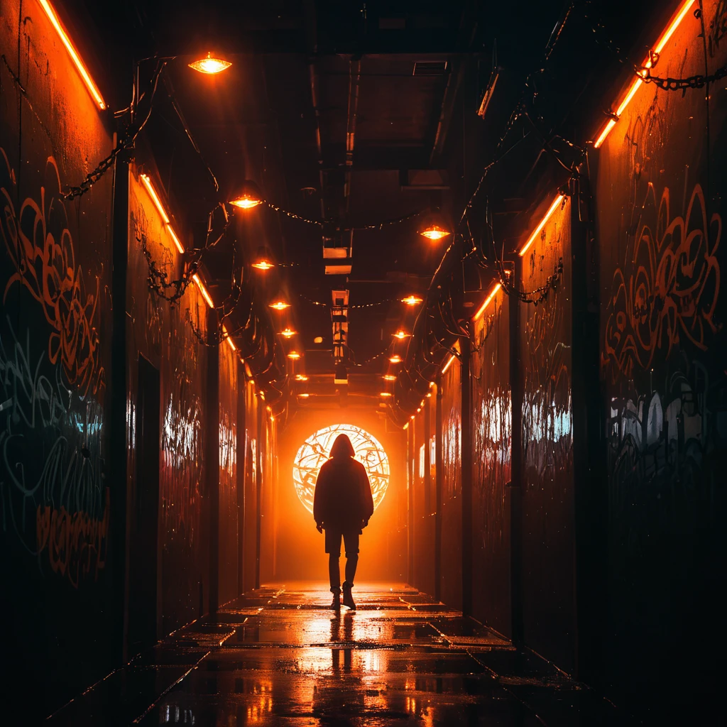 (Portrait of a mysterious giant eye), interior, fluorescent lighting, (((Darkness shrouded,Black background,shadow, extreme darkness,dark atmosphere))), wall background, (Fluorescent orange skull pattern graffiti:1.8), 1 girl, Black oversized t-shirt, big chest, T-shirt without waist, fluorescent orange hair, Fluorescent orange eyes, by the wide, messy hair, Low-rise denim shorts, orange eye shadow, (vanishing Point, Covered vines in the foreground), smile, open the mouth, evil face, Finger on trigger, Shark teeth, dark and edgy, surreal elements, Expressive brushstrokes, dynamic composition, extreme detailed description, chain, Barbed wire, wooden stake, (red moonlight), Heavy Rain, silhouette, cowboy shot, depth of field, cubist futurism, cinematic lighting, Motion blur, Optical illusion, HD, retina, masterpiece, necessary, High details, high quality, Best Quality
