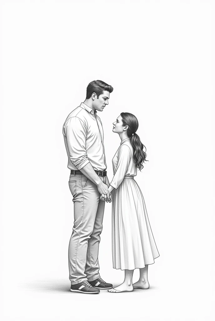um casal, one man and one woman, Tall man, Short woman, dressed in modest clothing. pencil draw