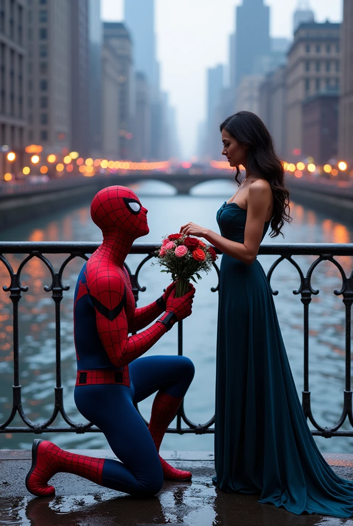 Spider-Man is kneeling on a river bridge and proposing to a beautiful lady with flowers in his hand.