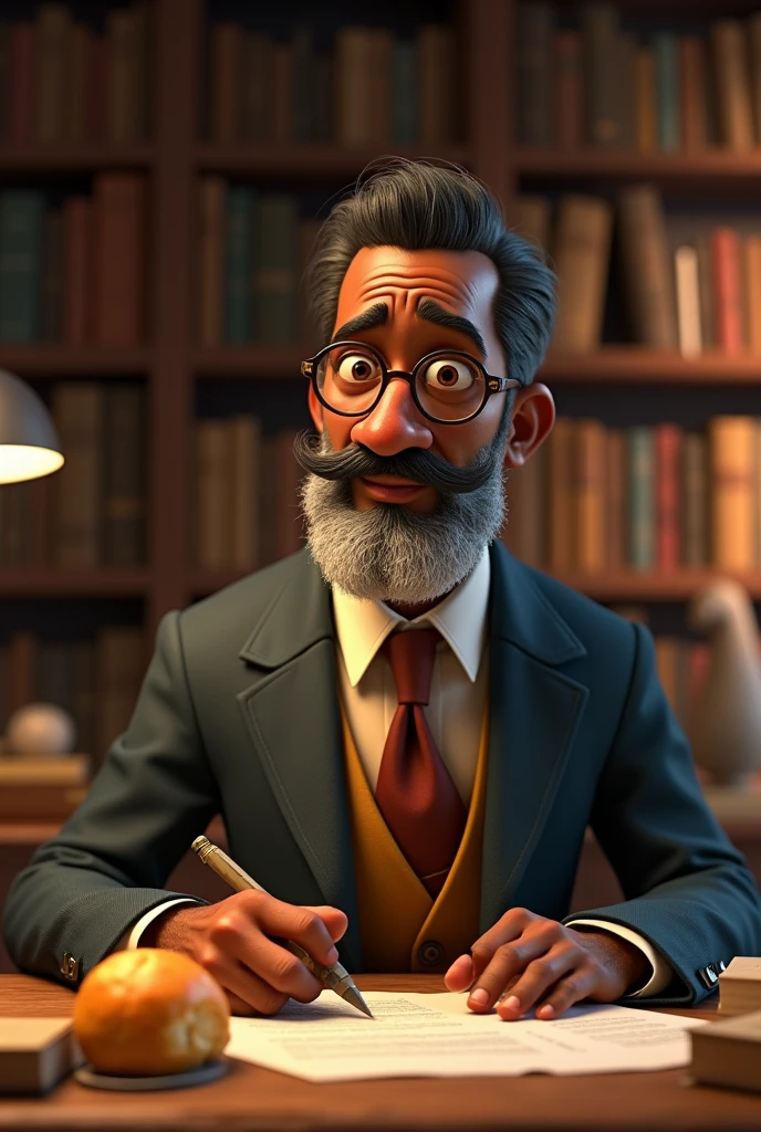 create a pixar of machado de is, black man with a thin nose, with a big white beard, black cut hair, thin, frameless glasses with a cord , in an old suit, with old effects in a library writing eating round cheese bread, in an ancient environment 
